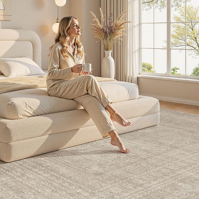 Nakagishi 5x7 Area Rugs Living Room: Washable Large Vintage Rug Neutral Non-Slip Soft Stain Resistant Indoor Carpet for Bedroom Nursery Dining Room Office Playroom - Brown