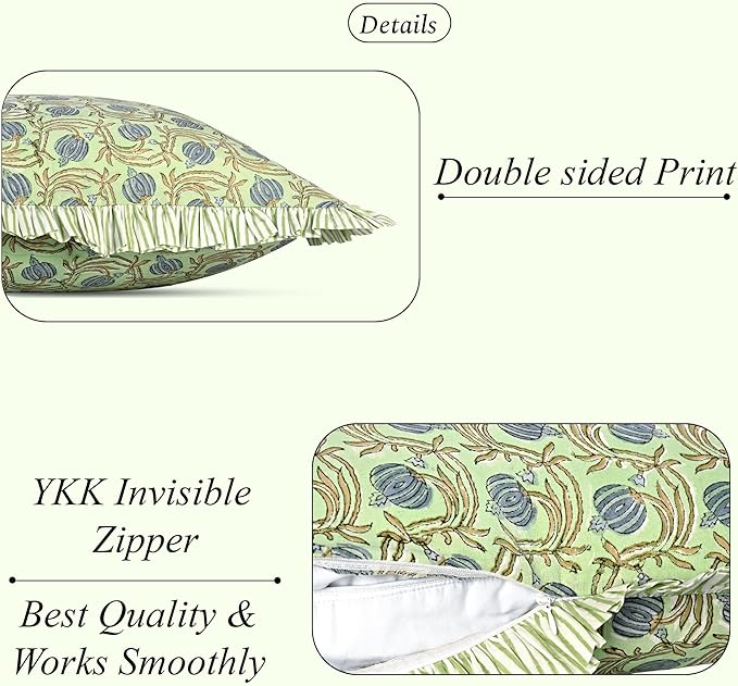 Ridhi Block Print Apple Green Floral Throw Pillow Cover 20" x 20" (Pack of 2) Decorative Cushion Covers with Ruffle for Couch, Sofa, Bed, Living Room, Home Decor Gift for Spring, Easter, Valentine