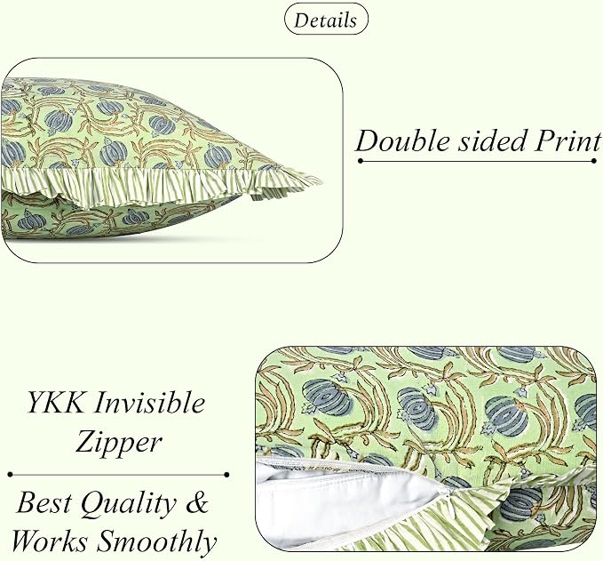 Ridhi Block Print Apple Green Floral Throw Pillow Cover 18" x 18" (Pack of 2) Decorative Cushion Covers with Ruffle for Couch, Sofa, Bed, Living Room, Home Decor Gift for Spring, Easter, Valentine