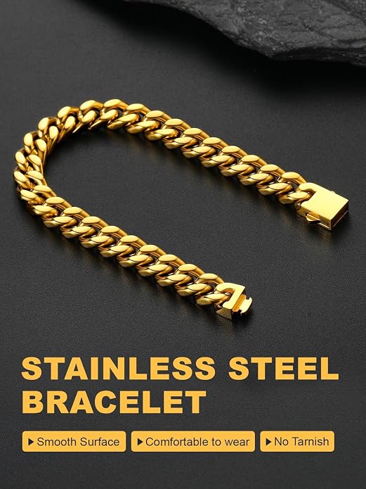 U7 Cuban Link Bracelets for Men Stainless Steel Wrist Bracelet Silver Black Gold Cuban Hand Chain Bracelet for Mens Women, 5/7/9/12mm Width, 7.5/8.3/9 Inch Length Classic Jewelry with Box Packed