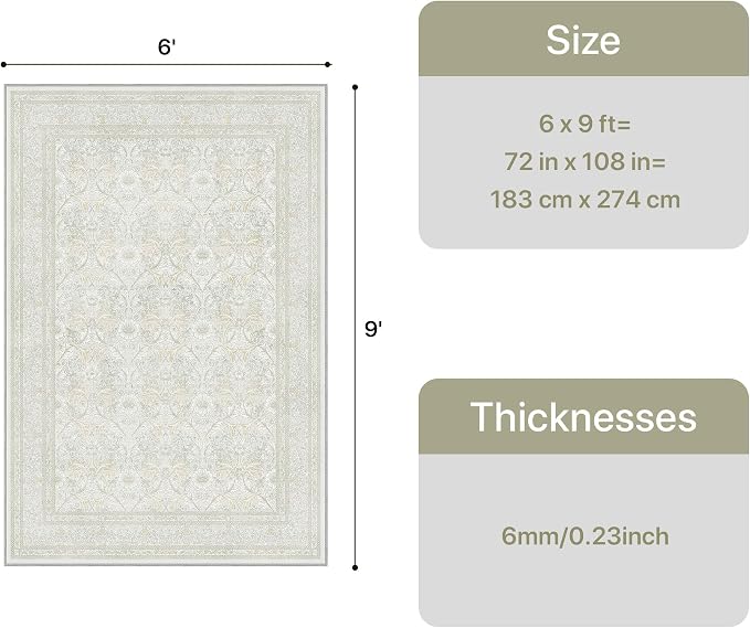 Bavni Vintage Floral Rugs 6X9, Washable Area Rug with Non Slip Backing, Low Pile for Living Room, Bedroom & Home Decor, Lightweight Carpet, Beige Cream