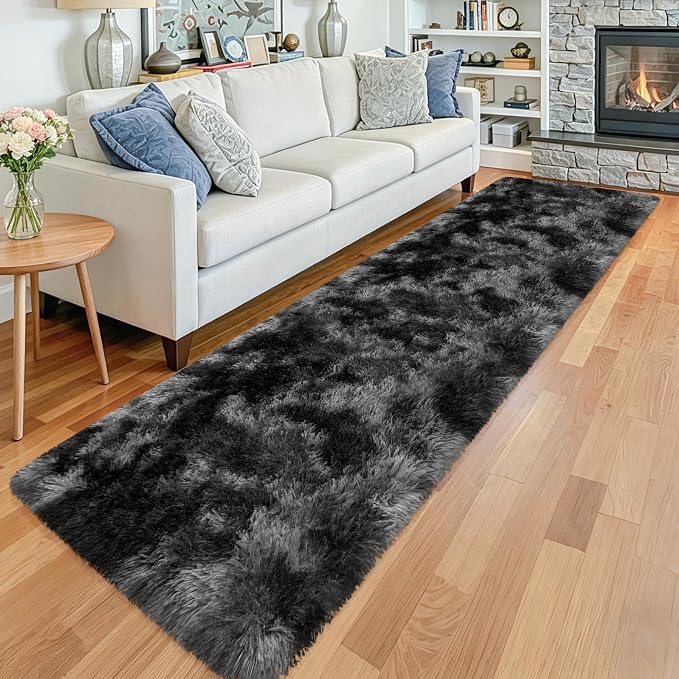 2x10 Feet Tie-Dye Black Grey Runner Rug for Bedroom Bedside, Soft Fluffy Long Shag Carpet Runner for Hallway, Machine Washable Rug for Living Room, Kids Room Boys, Dorm, Nursery, Home Decor