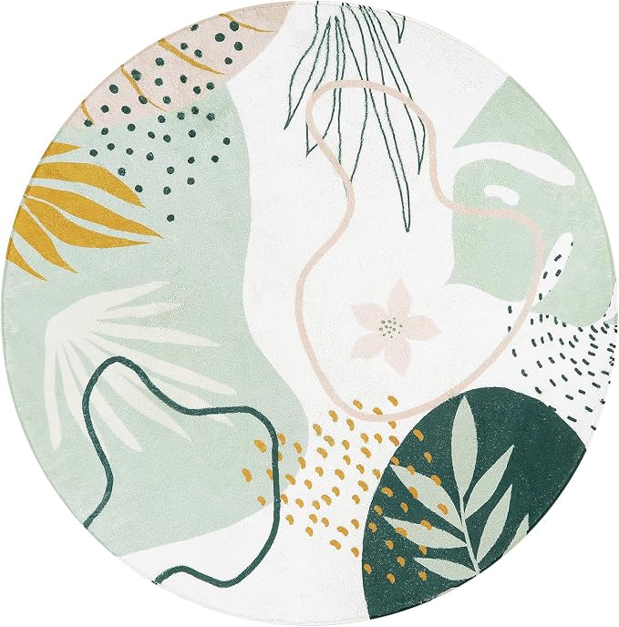Lahome Green 8 Ft Round Rug - Washable Round Area Rug for Living Room Throw Soft Boho Round Rug Large Non-Slip Dining Room Rug, Botanical Print Round Carpet for Bedroom Office (Green,8'x8')