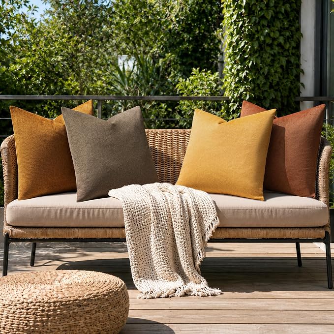 a moment Waterproof Throw Pillow Covers Set of 4,18x18 Inch Outdoor Stain Resistant Pet Friendly Pillowcases Cushion Covers for Patio Sofa and Living Room,Golden Oak