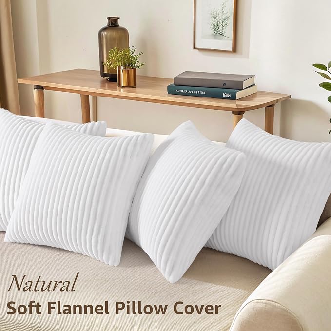 decorUhome Flannel White Throw Pillow Covers 18X18 Set of 4 | Decorative Fall Soft Fluffy Striped Double-Sided Couch Pillow Covers, Modern Farmhouse Pillow Cases for Sofa bed Home Decor