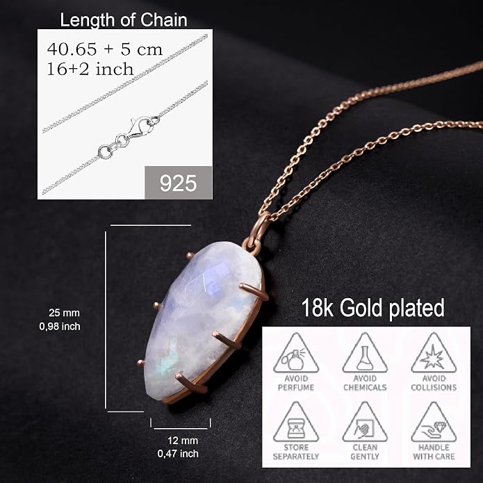 Lunatik Moonstone Necklace for Women – 925 Sterling Silver & 18K Gold Plated, Natural Rainbow Moonstone Pendant – June Birthstone Necklace