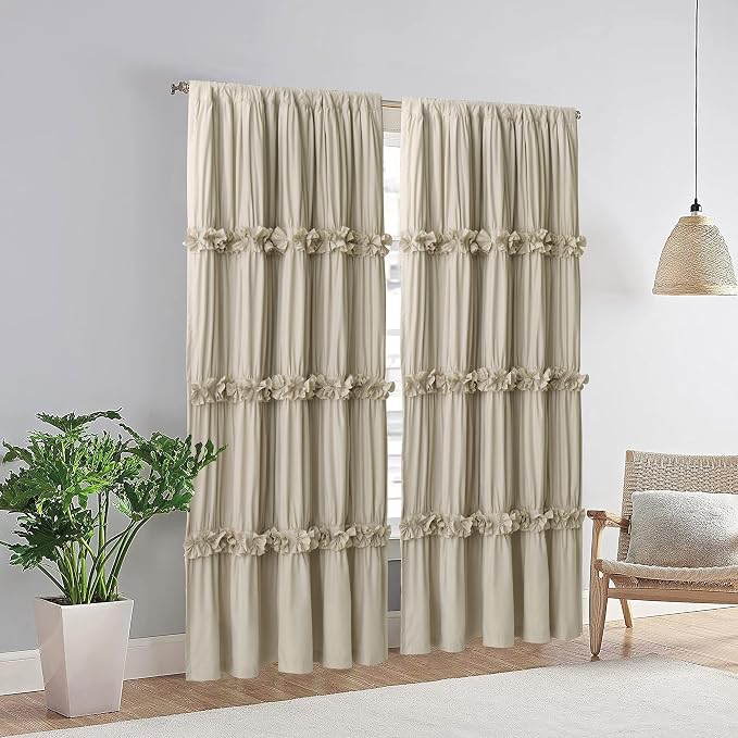 Homechoice Decor Camel Blackout Window Curtains, 52" W x 96" L x 2 Panels | Boho Ruched Thermal Insulated Window Treatments with 3 Rows of Butterfly Flowers, Rustic Rod Pocket Drapes for Room (LQ-30)