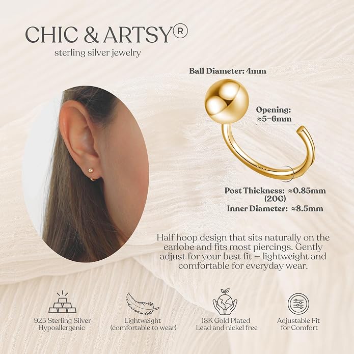 CHIC & ARTSY 925 Sterling Silver Half Hoop Earrings for Women, Small Huggie Hoops Set with Ball Bar Star Moon Cross & Pearl, Lightweight Comfort Fit Everyday & Sleep Earrings