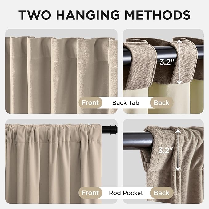 Joydeco 100% Blackout Velvet Curtains Beige 120 Inch Back Tab | Luxury Thermal Insulated Velvet Curtains for Bedroom Living Room, Soundproof Blackout Window Drapes