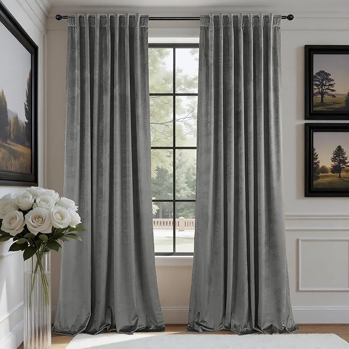 Pitalk Grey Velvet Curtains 84 Inches Long 2 Panels Luxury Blackout Curtains for Bedroom Living Room Thermal Insulated Super Soft Window Drapes Gray Rod Pocket & Back Tab W52 x L84 Inch Length