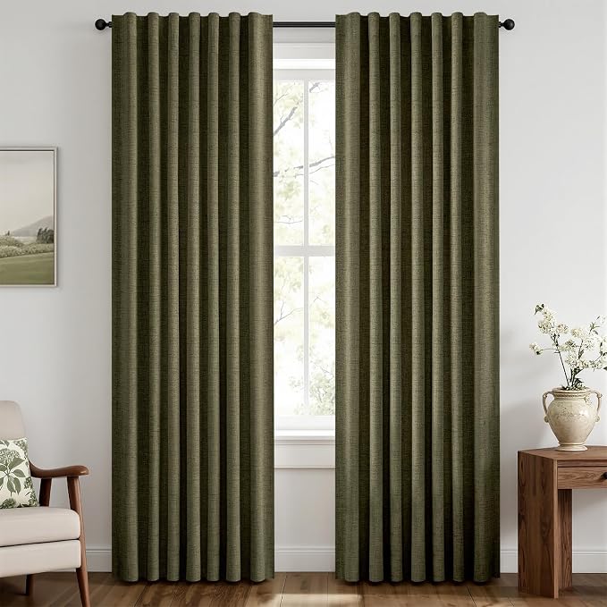 MIULEE 100% Blackout Linen Curtains 42 x 84 Inch Light Olive Green 2 Panels | Thermal Insulated, Room Darkening Drapes for Bedroom Living Room, Back Tab Rod Pocket Pinch Pleated, Solid Luxury Decor