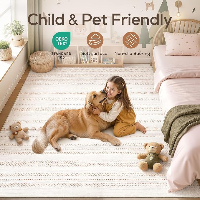 Nakagishi 7x10 Area Rug Living Room: Washable Boho Large Neutral Soft Farmhouse Modern Rugs Stain Resistant Moroccan Non-Slip Indoor Floor Carpet for Bedroom Nursery Kids Playroom Office Dining Room
