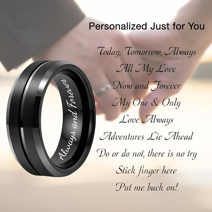 LerchPhi Tungsten Wedding Band for Men, Engraved and Customizable Promise Rings for Him and Her, Width 6MM 8MM Size 6-14, Center Grooved Beveled Edge, Comfort Fit