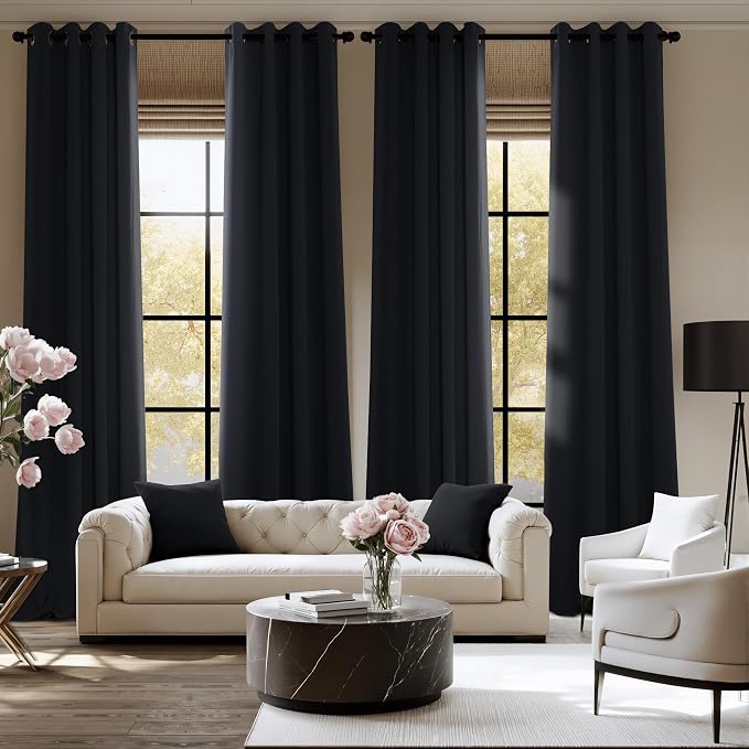 NICETOWN 95 Inch Blackout Curtains, Grommet 2 Panels Thermal Insulated Black Room Darkening Drapes, Extra Long Window Curtains for Bedroom Living Room