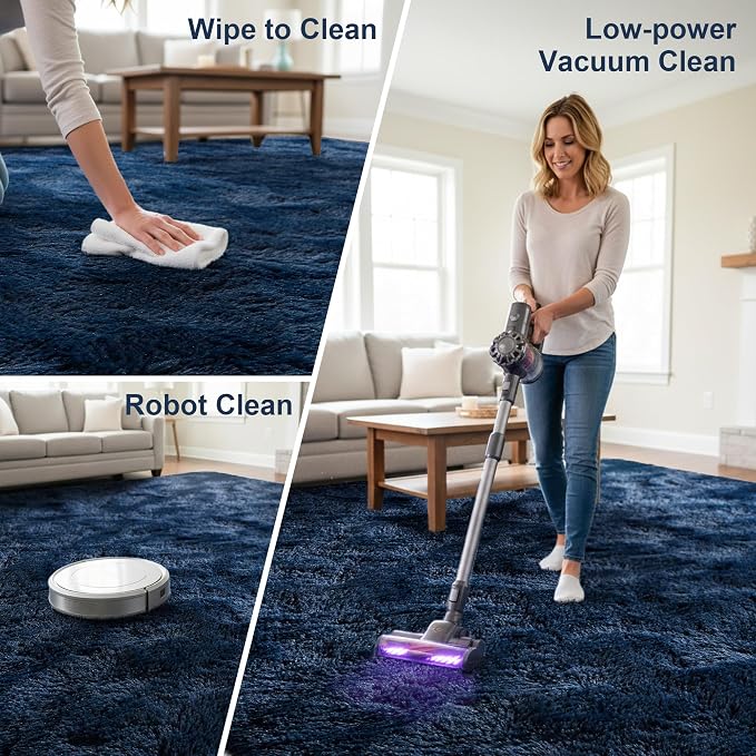 Fluffy Rugs for Living Room: Navy Blue Soft Shag Rug for Bedroom, Large Fuzzy Plush Indoor Carpet Non Slip Modern Rug for Nursery Kids Room Dorms Office Home Decor, 9x11 Feet