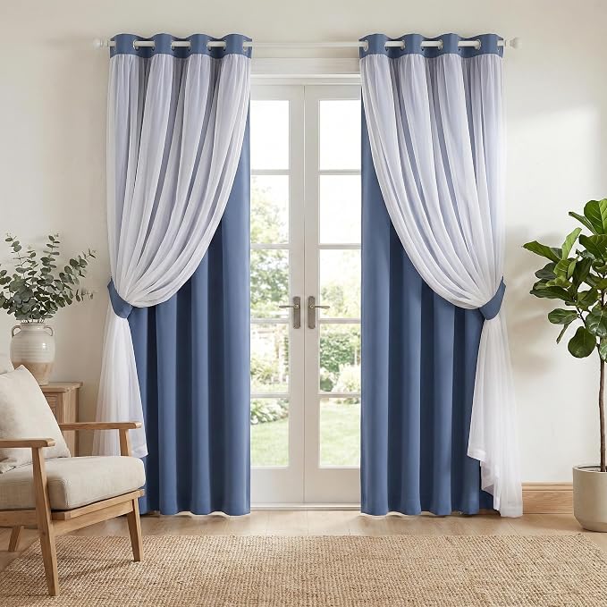 PONY DANCE Double Layers Curtains for Living Room - 84 inches Long Blackout Curtains with Sheer Overlay Home Decor, 52-inch Wide, Blue Haze, Set of 2