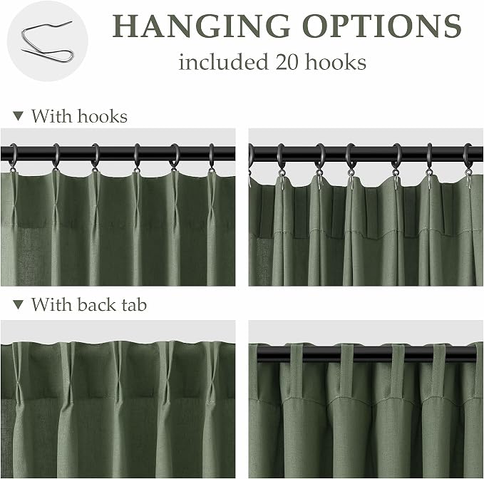 Aersas Olive Green Pinch Pleated Linen Curtains 84 Inches Long for Living Room with Hooks Back Tab Light Filtering Boho Forest Hunter Moss Sheer Green Curtain 84 Inch Length for Bedroom