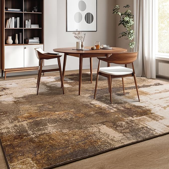 Kelarea Living Room Rug, 4x6 Rug Modern Abstract Washable Rugs Brown Foldable Faux Wool Vintage Carpets, Non Slip Rug for Bedroom, Dining Room, College Dorm, Kids Playroom, Home Office