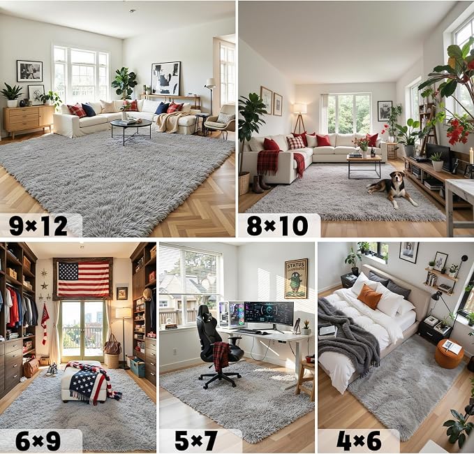 Area Rugs 9x12 Living Room, Large Area Rug Shag Shaggy Carpet Soft Plush Furry Bedside Rug, Machine Washable Area Rugs for Bedroom Kids Girls Boys Home Decor Anti Slip(9 x 12, Light Grey)