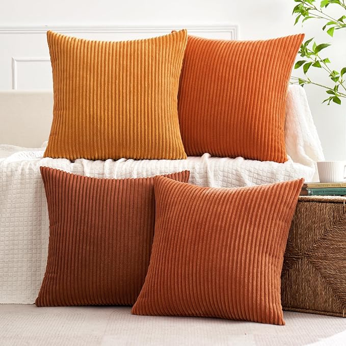 MIULEE Boho Farmhouse Throw Pillow Covers 18x18 Inch Set of 4 Mordern Nordic Cushion Covers Soft Corduroy Fall Home Decor for Couch Bed Sofa Living Room Orange Rust