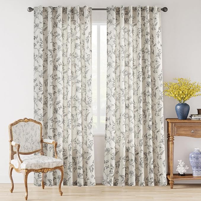 Lazzzy Charlotte Linen Black Floral Curtains 90 Inch Length Farmhouse Curtain Back Tab Drapes for Living Room Bedroom Light Filtering Vintage Rod Pocket Curtains, 2 Panels, Black on Beige