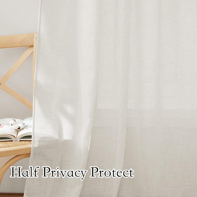 RYB HOME Linen Flax Curtains 84 inches Long, Absorbent Linen Woven Half Privacy Light Filtering Drapes Semi Sheer Curtains for Living Room Bedroom Home Office Patio, 52 W x 84 L, 2 Panels