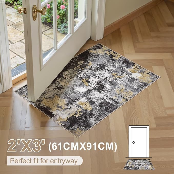 Abstract 2x3 Area Rug: Machine Washable Non Slip Ultra Thin Low-Pile Carpet, Soft Stain Resistant for Entryway Kitchen Bathroom, Kid Pet Friendly, Robot Vacuum Compatible - Black Gold