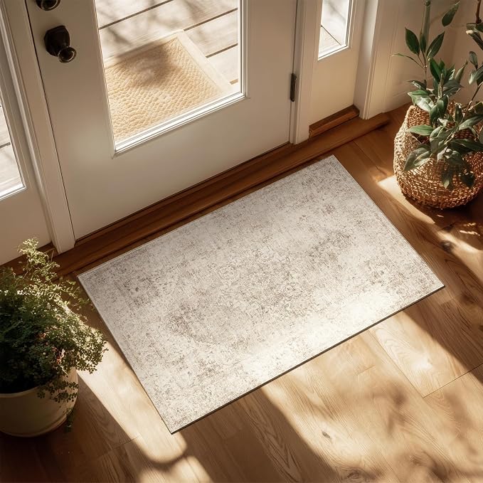 Machine Washable Area Rugs for Entryway: Door Mat Indoor Entrance 2x3 Boho Rug Vintage Distress Non-Slip Low Pile Soft Throw Carpet for High-Traffic Areas Kitchen, Hallway, Farmhouse Decor