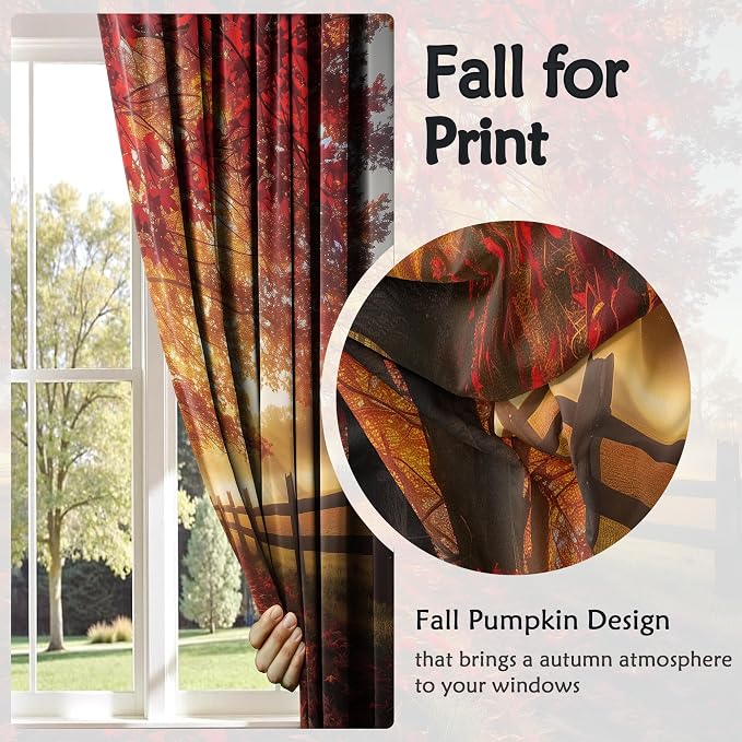 Red Maple Forest Window Curtains 52 x 63 in, Fall Landscape Drapes with Autumn Trees and Sunrise Scene, Woodland Curtains for Living Room Bedroom