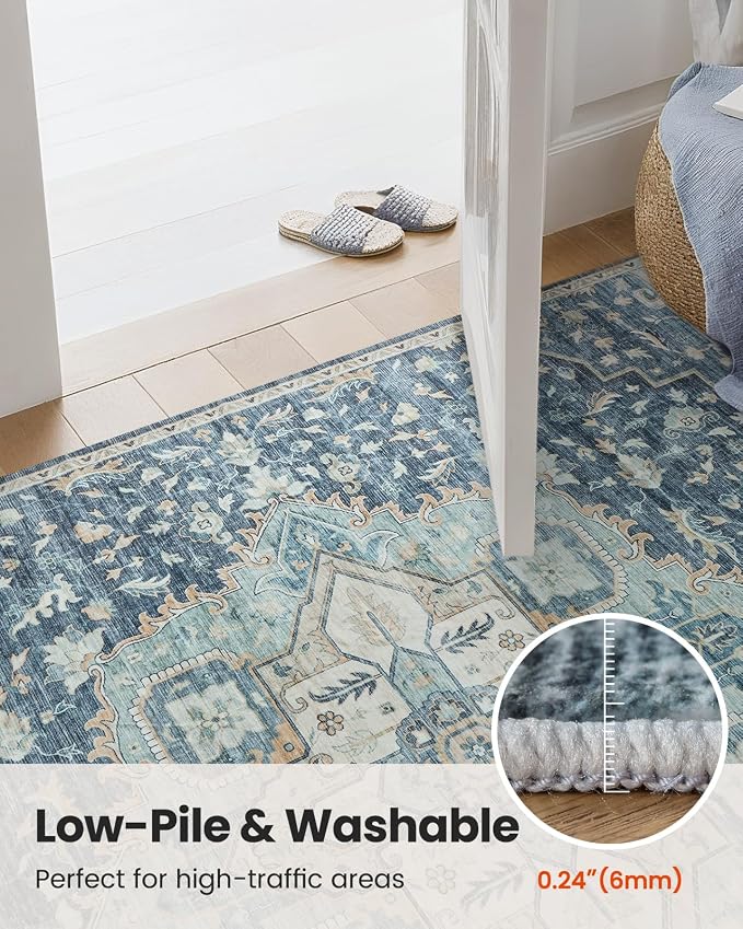 AMADA HOMEFURNISHING Washable Area Rug, Low-Profile Large Area Rug with Non-Slip Backing & Durable Edge Binding, Vintage Large Rugs for Living Room, Bedroom, Dinning Room (8x10, Blue/Yellow)