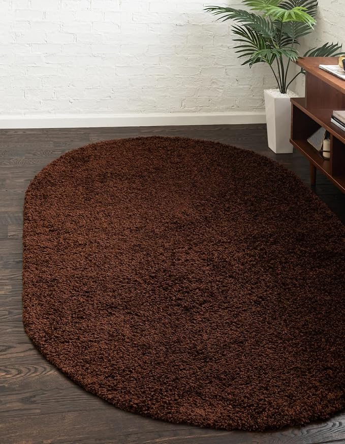 Unique Loom Solid Shag Collection Area Rug (5' 1" x 8' Oval, Chocolate Brown)