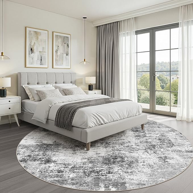 7ft Round Rug Living Room: 7x7 Washable Large Neutral Circle Area Rug Abstract Soft Modern Stain Resistant Indoor Floor Non-Slip Carpet for Bedroom Nursery Kids Office Playroom Dining Room- Black Gray