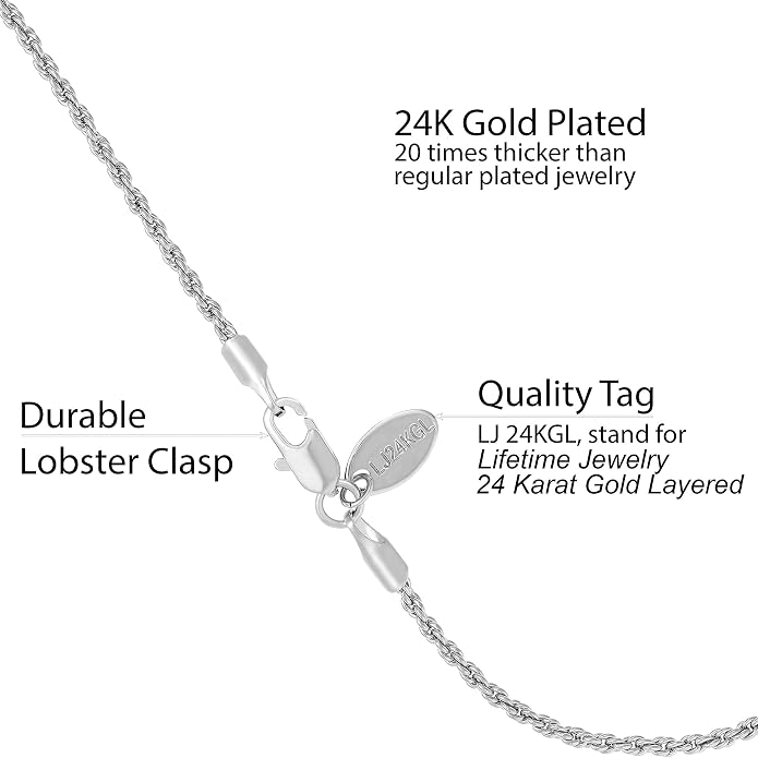 LIFETIME JEWELRY Womens Gold Anklet 1mm Rope Chain Ankle Bracelet 24k Real Gold Plated