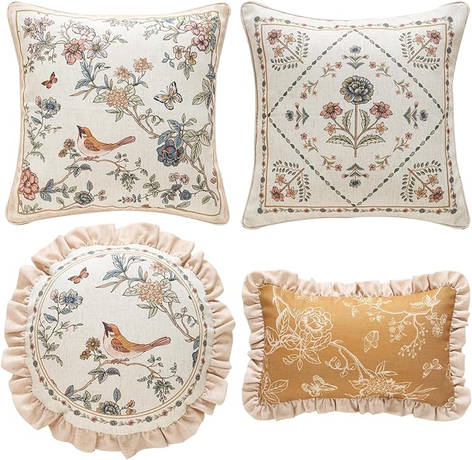 ISAENNE Designer Elegant Linen Throw Pillow Cover,Set of 4-Cornucopia Set | French Cottage Pillow Cover,Concealed Zipper,Floral Pattern,Sofas,Bedroom,Living Room,Lounge Chairs,All Season Home Decor