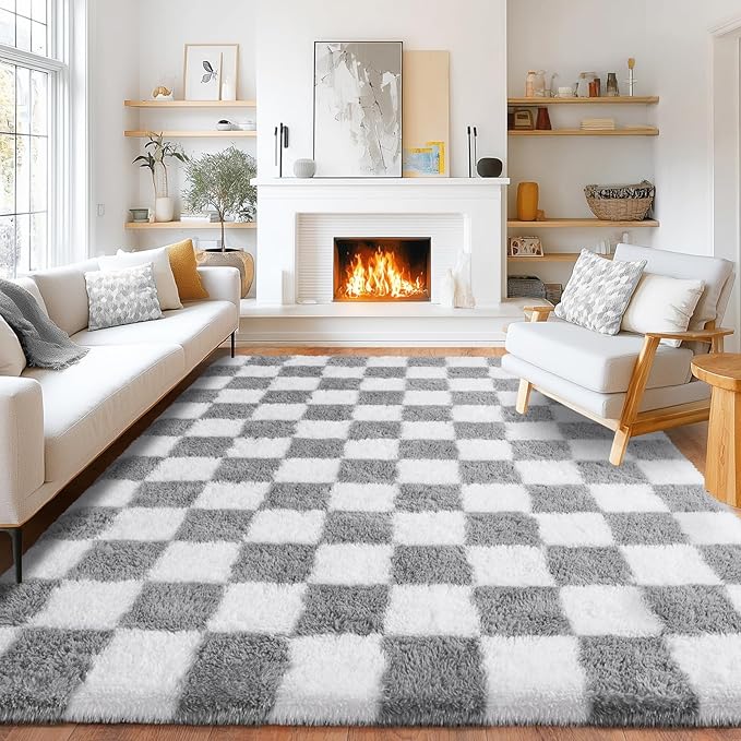 Pionblank 8x10 Area Rugs for Living Room, Fluffy Plush Checkered Rug for Bedroom, Modern Shag Non Slip Soft Furry Large Carpet for Kids Room Nursery Home Decor, Grey and White