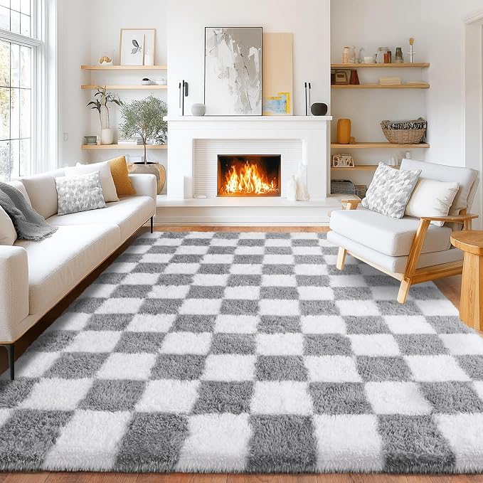 Pionblank 9x12 Area Rug, Large Fluffy Checkered Rugs for Living Room, Shag Rug for Bedroom, Soft Non Slip Shag Carpet for Kids Room Nursery Home Decor, Grey and White