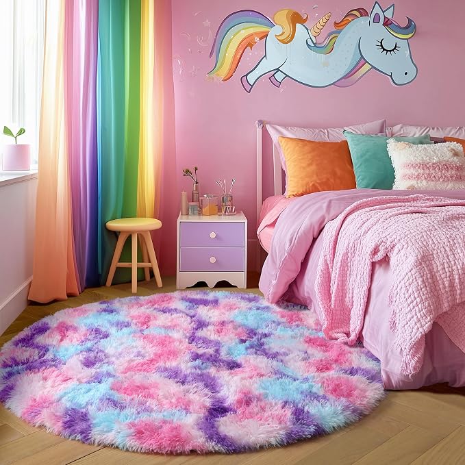 Amdrebio Pink Blue Purple Small Circle Area Rug 3Ft for Girls Bedroom, Fluffy Cute Fuzzy Colorful Pastel Kids Rugs for Nursery Playroom Classroom, Unicorn Shag Princess Round Carpet for Baby Toddler