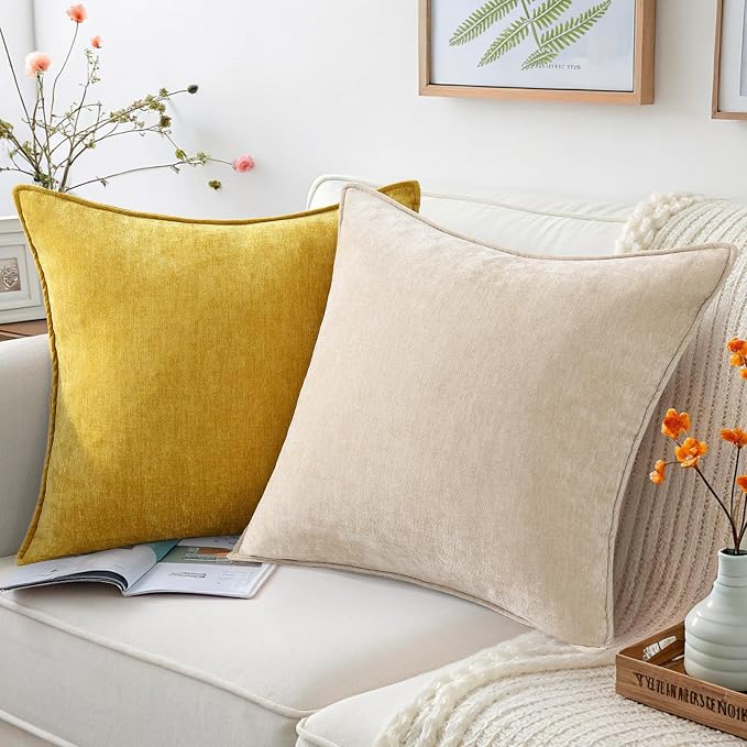 decorUhome Chenille Mineral Yellow Throw Pillow Covers 22x22 Set of 2 | Fall Soft Euro Sham Couch Decorative Modern Velvet Pillow Cases with Elegant Design for Sofa Bed Living Room Home Decor