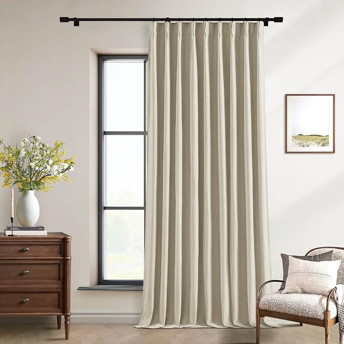 Burlywood Birch Pleated Blackout Linen 102 Inch Long Curtains 60 Inch Wide | 100% Black Out, Memory Trained, Pinch Pleat with Back Tab, Energy Efficient, Thermal Insulated Neutral Drape W60xL102 1 Panel