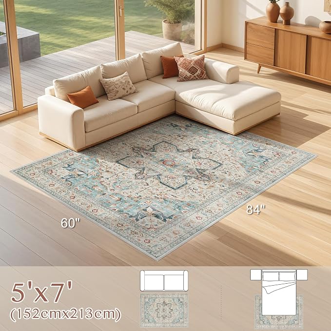 Tortania Area Rug Living Room Rugs - 5x7 Washable Boho Rug Vintage Oriental Distressed Farmhouse Large Thin Indoor Carpet for Living Room Bedroom Under Dining Table Home Office - Aqua Multi