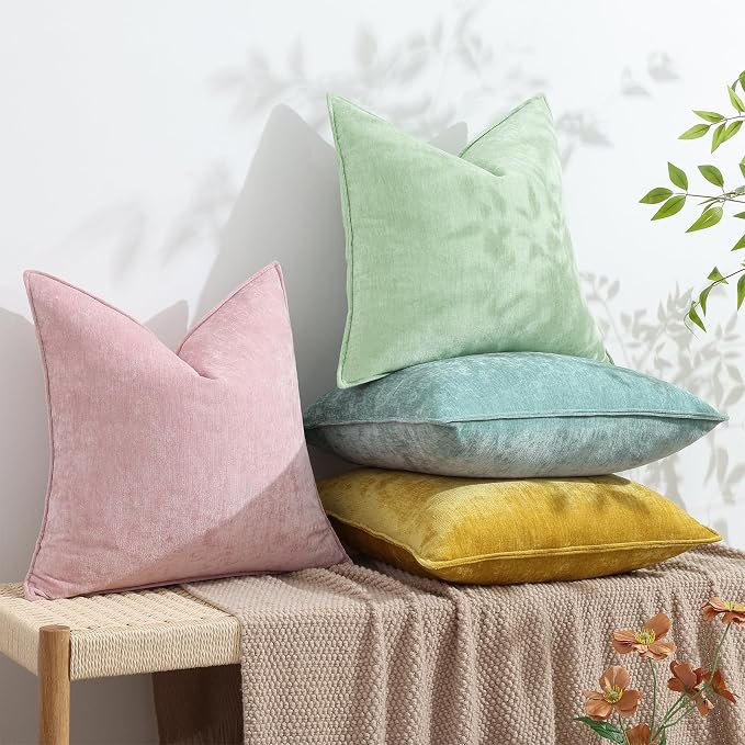 decorUhome Chenille Aqua Haze Velvet Throw Pillow Covers 24x24 Set of 2 | Fall Soft Euro Sham Couch Decorative Modern Farmhouse Pillow Cases with Elegant Design for Sofa Bed Living Room Home Decor