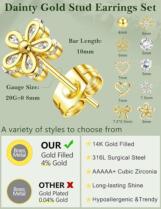 LOYALLOOK Stud Earrings for Women Hypoallergenic, 14K Gold Plated Surgical Steel Earrings for Sensitive Ears Women Dainty Small Heart Flower Bow Earrings for Jewelry Gift