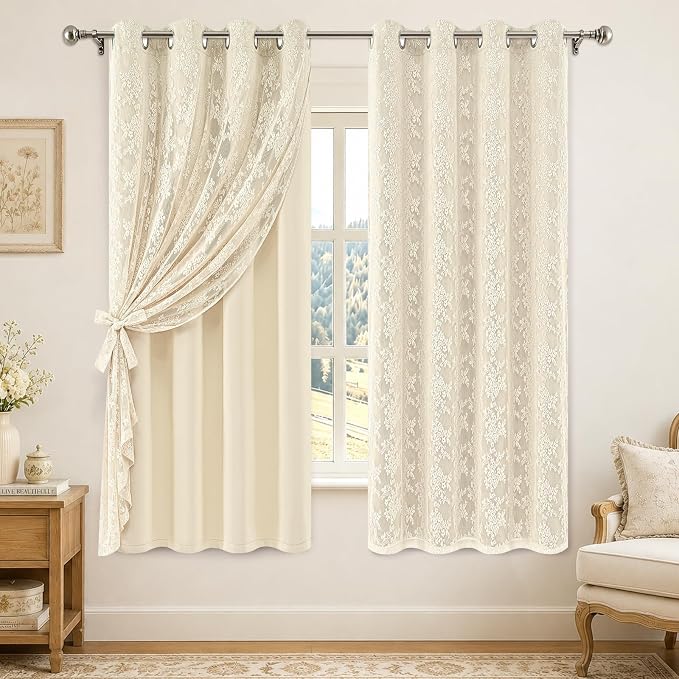 Yinhua Beige Blackout Curtains Double Layer Curtains for Bedroom 63 Inch Length Nursery Curtain for Living Room, Grommet Drapes with Tiebacks, 2 Panels, 52" W x 63" L
