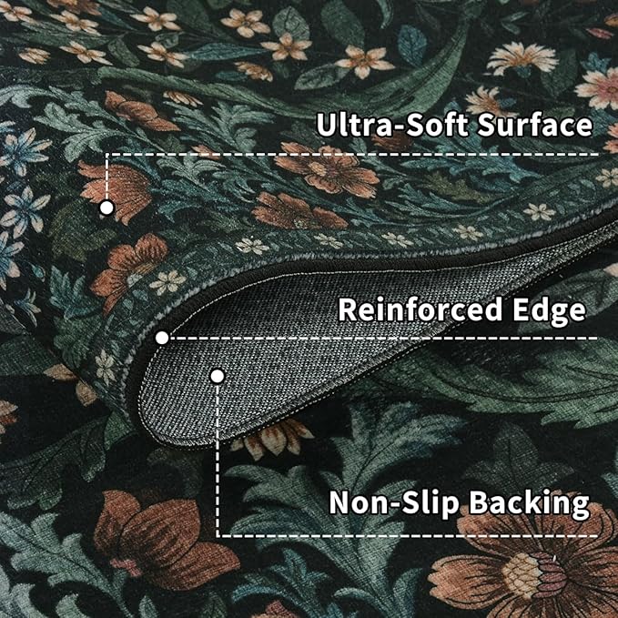 3x10 Washable Runner Rug,Black Floral Boho Area Rug for Hallway,Low-Pile Non-Slip Stain Resistant Carpet for Kitchen, Bedside,Laundry Room,Entryway