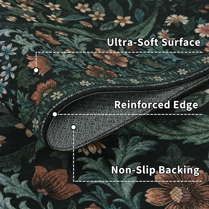 10x14 Black Vintage Floral Area Rug,Washable Large Boho Living Room Rugs,Botanical Print Non-Slip Stain Resistant Lightweight Carpet for Bedroom Dining Room Nursery