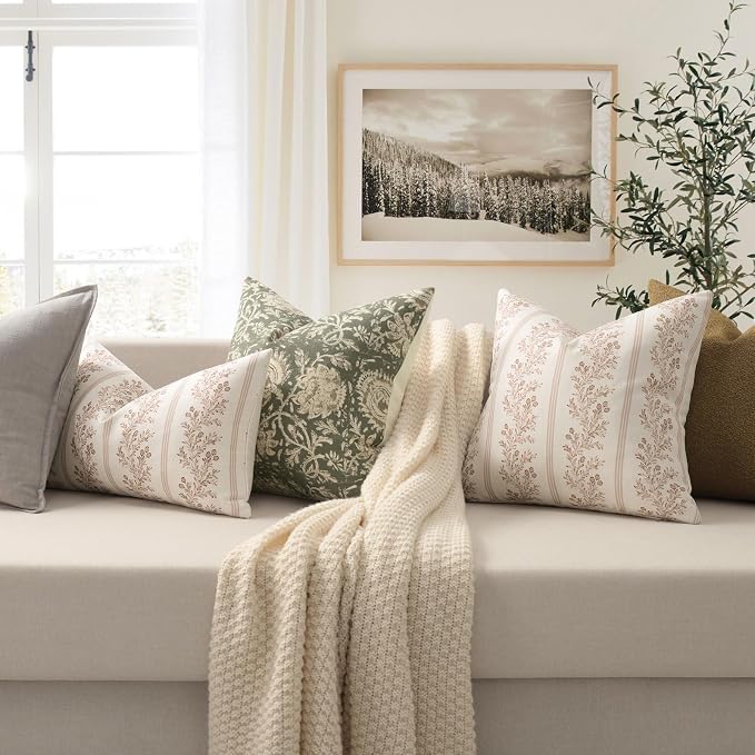 Vintage Throw Pillow Covers 22x22 Set of 2, Striped Floral Pillow Cover Botanical Patterned Decorative Cushion Covers Modern Farmhouse Home Decor for Sofa Couch Bed Living Room, Blush Bloom