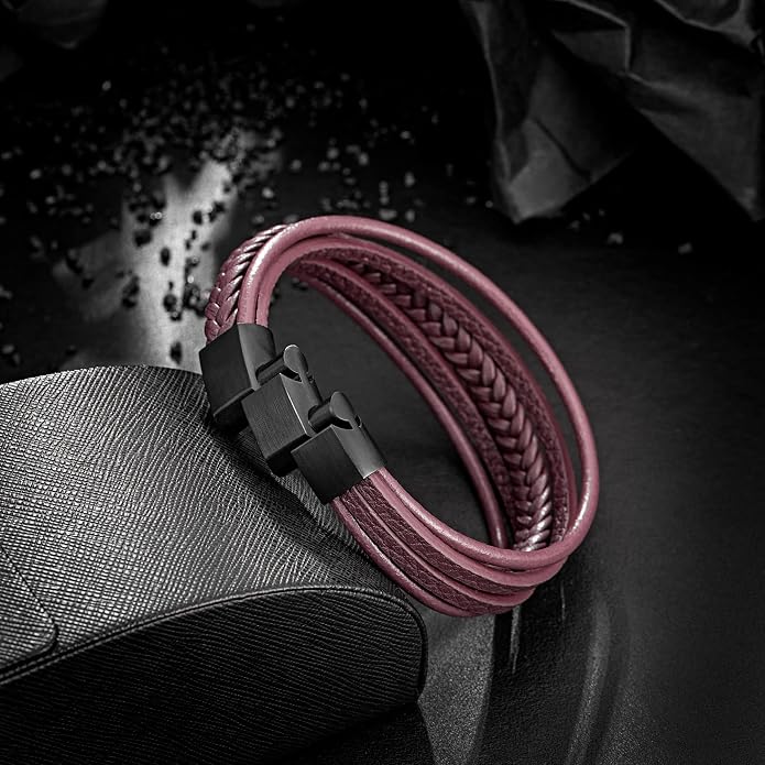 murtoo Mens Leather Bracelet with Clasp Cowhide Multi-Layer Braided Leather Mens Bracelet