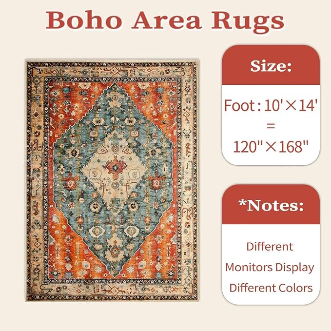 SERISSA 10x14 Area Rugs for Living Room, Large Washable Non-Slip Boho Rug, Ultra Soft Oriental Print Distressed Farmhouse Carpet for Dining Room Bedroom Dorm Office Home Decor