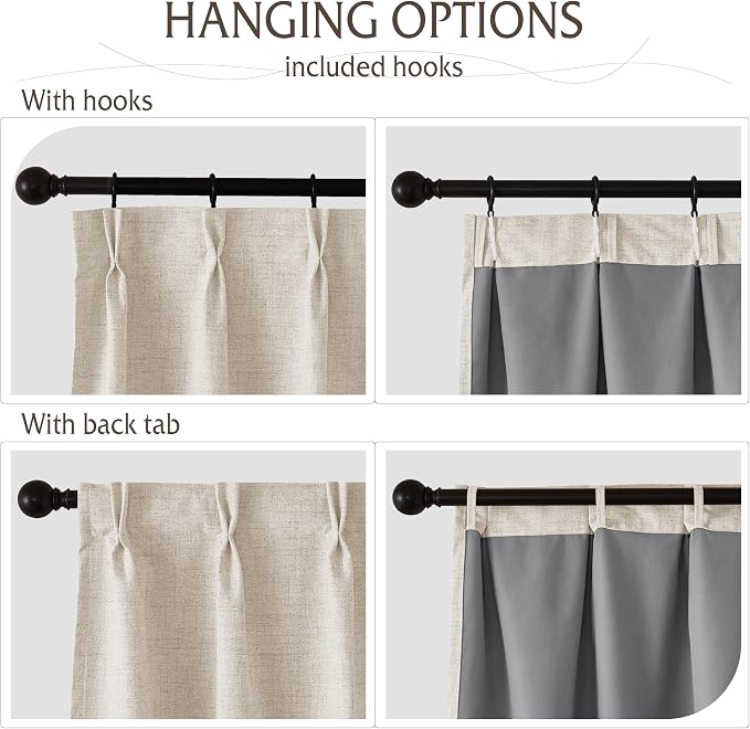 RYB HOME Linen Textured 100% Blackout Curtains Pinch Pleated & Back Tab Drapes Privacy Thermal Insulating for Living Room Kitchen Dining Bay Window, W 42 x L 96 inches, Linen, 2 Panels