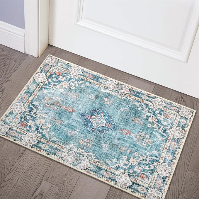 MUJOO Teal Area Rug Small Washable Rugs Non Slip Low-Pile 2'x3' Flowers | Machine Washable Throw Carpet for Entryway Kitchen Bathroom Bedroom Boho Soft Indoor Vintage Floral Blue Colorful
